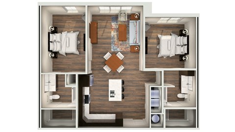 a 3d floor plan of a bedroom with a bathroom and a living room